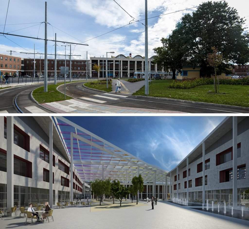 Debrecen, 2016. október 5. Kombóképen a debreceni Petõfi tér 2016. október 5-én (felül) és debreceni polgármesteri hivatal által közreadott látványterv a debreceni fõpályaudvarról és a Petõfi térrõl. Ezen a napon a debreceni fõpályaudvar fejlesztésére kötött együttmûködési megállapodást a debreceni önkormányzat és a Nemzeti Infrastruktúra Fejlesztési (NIF) Zrt., a dokumentumot a városházán írta alá Papp László (Fidesz-KDNP) polgármester és Nagy Róbert Attila, a NIF Zrt. vezérigazgatója. MTI Fotó: Czeglédi Zsolt