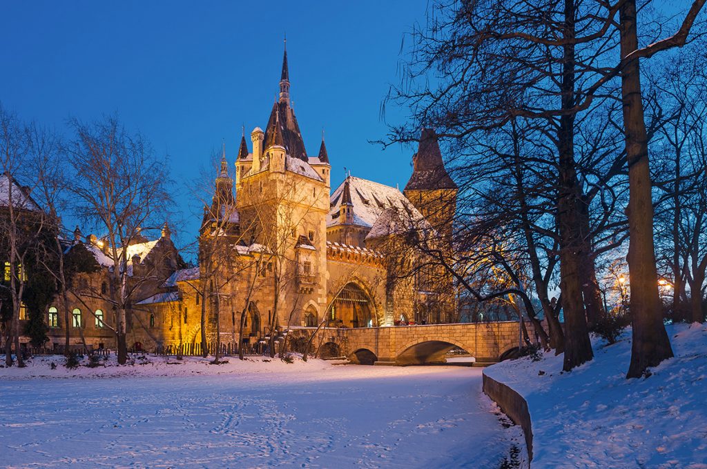 Budapest Snow Winter Castle of Vajdahunyad Városliget Park