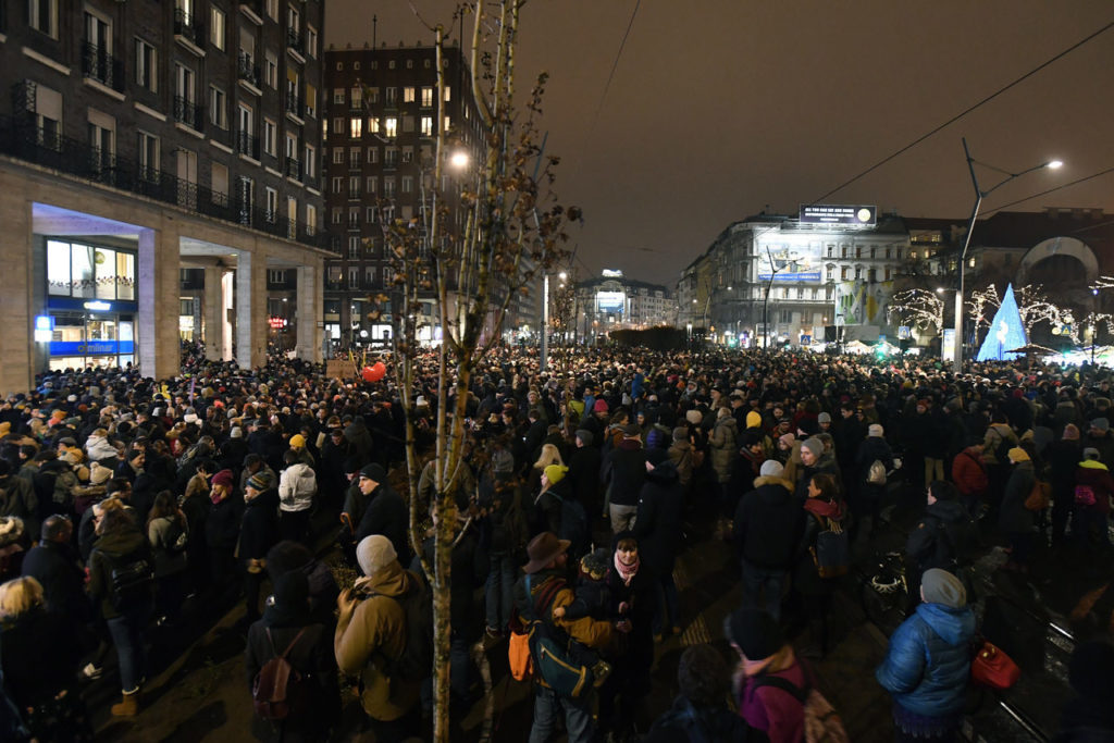 Protesters rallied in downtown Budapest against the government's new culture bill on Monday evening.