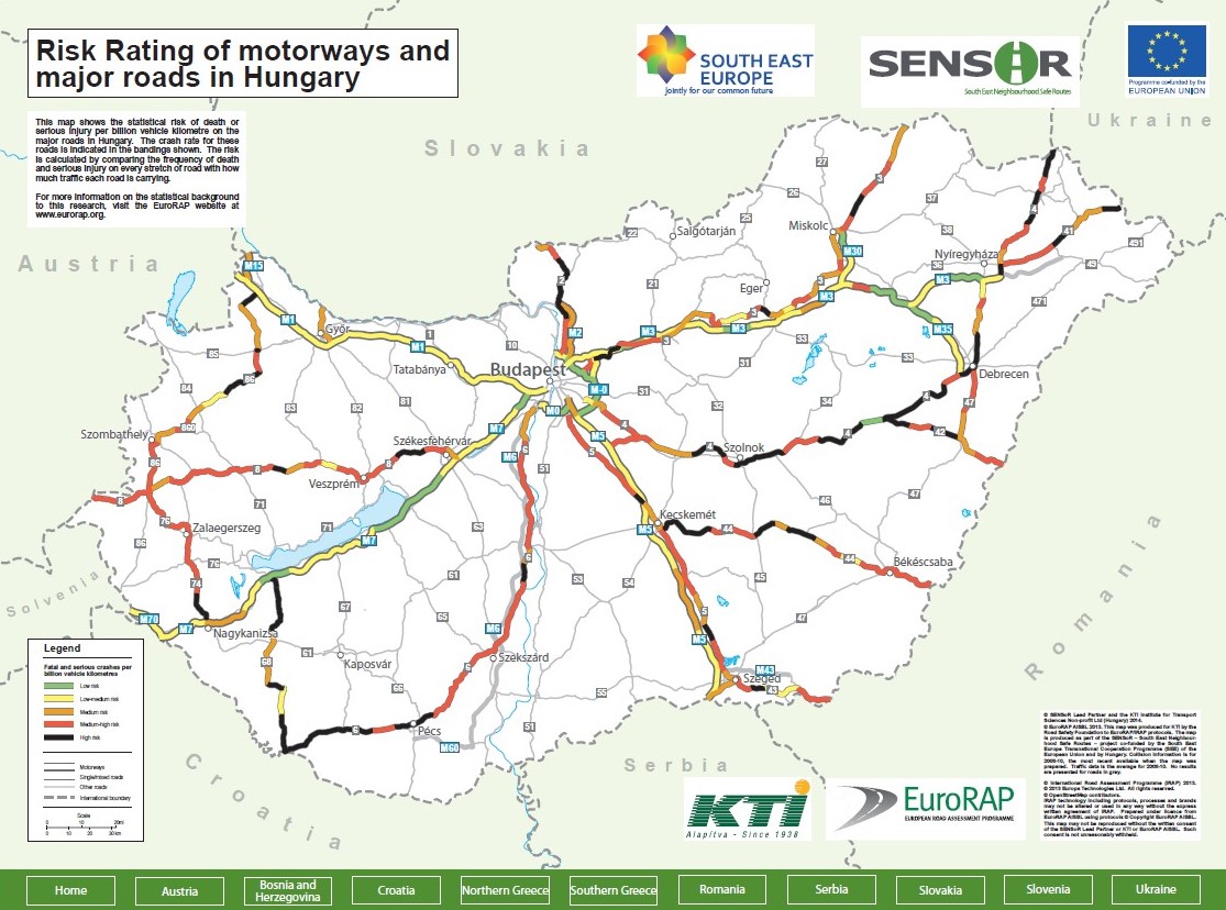 Risk rating of motorways and major roads in Hungary-EuroRap
