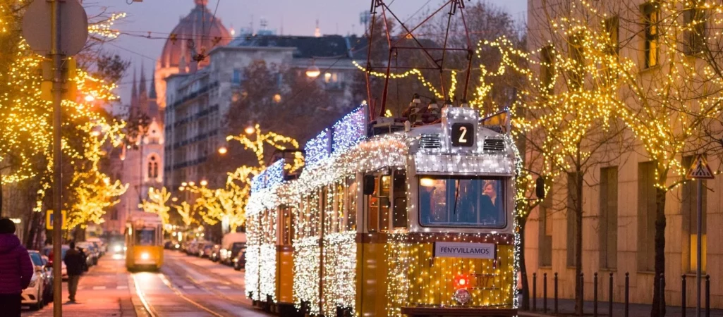 Decorated Advent tram Budapest