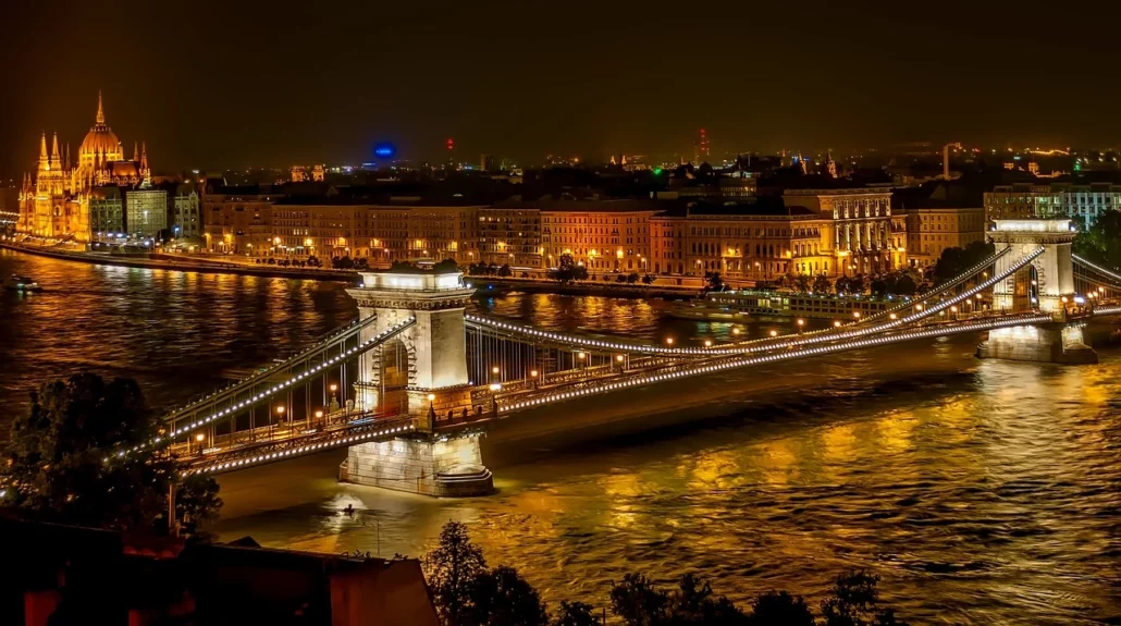 Széchenyi Chain Bridge by night Budapest parliament