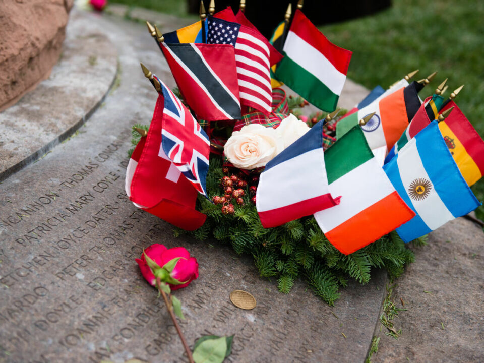 A wreath and mementoes lay on the base of the Pan Am Flight 103 memorial following a memorial ceremony in Arlington National Cemetery, Dec. 21, 2015