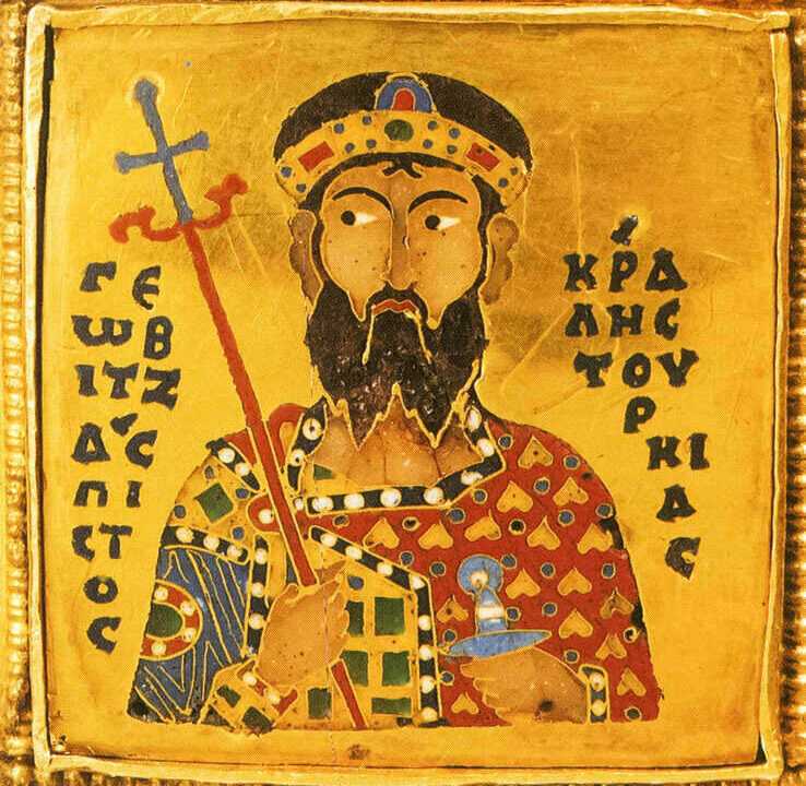 "Géza, the faithful king of Tourkia (i.e. Hungary)" on the Holy Crown of Hungary, from the 11th century.